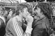 11 August 1985; Monaghan goalkeeper Paddy Linden celebrates with a supporter after earning a draw with Kerry. All-Ireland Football semi-final, Kerry v Monaghan, Croke Park, Dublin. Picture credit; Ray McManus / SPORTSFILE