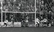 11 August 1985; Michael O'Dowd, 12, Monaghan, scores one of his side's 2 goals past Eoin Bomber Liston, left, and Charlie Nelligan, Kerry. All-Ireland Football semi-final, Kerry v Monaghan, Croke Park, Dublin. Picture credit; Ray McManus / SPORTSFILE