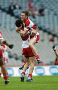 11 August 2007; Derry players James Kielt, right, celebrates with team-mate Cailean O'Boyle at the final whistle. ESB All-Ireland Minor Football Quarter-Final, Cork v Derry, Croke Park, Dublin. Picture credit; Brendan Moran / SPORTSFILE