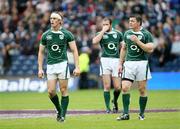 11 August 2007; Ireland's Andrew Trimble, left, Geordan Murphy and Brian O'Driscoll, right, come off the field after defeat to Scotland. Rugby World Cup Warm Up Game, Scotland v Ireland, Murrayfield, Scotland. Picture credit; Oliver McVeigh / SPORTSFILE