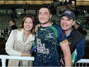 13 December 2014;  Connacht's James Connolly, celebrates with his mother Linda and father James after the game against Bayonne. European Rugby Challenge Cup 2014/15, Pool 2, Round 4, Bayonne v Connacht, Stade Jean-Dauger, Bayonne, France Picture credit: Matt Browne / SPORTSFILE