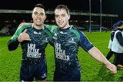 13 December 2014; Connacht's  Miah Nikora and try scorer Caolin Blade celebrate after the final whistle. European Rugby Challenge Cup 2014/15, Pool 2, Round 4, Bayonne v Connacht, Stade Jean-Dauger, Bayonne, France Picture credit: Matt Browne / SPORTSFILE