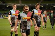 13 December 2014; Harlequins captain Joe Marler leads his team off the pitch after the final whistle. European Rugby Champions Cup 2014/15, Pool 2, Round 4, Leinster v Harlequins. Aviva Stadium, Lansdowne Road, Dublin. Picture credit: Brendan Moran / SPORTSFILE