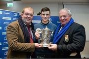 13 December 2014; Tom McDonnell, left, Jack McDonnell and President of Tullow RFC Sean O'Brien, at Bank of Ireland Provincial Towns Cup Draw, Ballsbridge Hotel, Dublin. Picture credit: Barry Cregg / SPORTSFILE