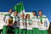 14 December 2014; The Ireland's women's team, from left to right, Siobhan O'Doherty, Sara Treacy, Ann-Marie McGlynn, Michelle Finn, Laura Crowe and Fionnuala Britton, after finishing in 3rd place in the team event in the Women's race. Spar European Cross Country Championships, Samokov, Bulgaria. Picture credit: Ramsey Cardy / SPORTSFILE