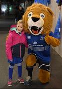 13 December 2014; Leinster mascot Kate Macadam, from Greystones, Co. Wicklow, with Leinster mascot Leo the Lion. Mascots at Leinster v Harlequins  European Rugby Champions Cup 2014/15, Pool 2, Round 4, Leinster v Harlequins. Aviva Stadium, Lansdowne Road, Dublin. Picture credit: Brendan Moran / SPORTSFILE
