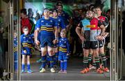 13 December 2014; Leinster mascots Daniel Dunne, left, from Mucklagh, Co. Offaly, and Kate Macadam, from Greystones, Co. Wicklow, lead out the team with Leinster captain Jamie Heaslip. Mascots at Leinster v Harlequins  European Rugby Champions Cup 2014/15, Pool 2, Round 4, Leinster v Harlequins. Aviva Stadium, Lansdowne Road, Dublin. Picture credit: Brendan Moran / SPORTSFILE