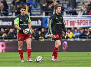 14 December 2014; Munster's Ian Keatley, left, and JJ Hanrahan before the start of the game against ASM Clermont Auvergne. European Rugby Champions Cup 2014/15, Pool 1, Round 4, ASM Clermont Auvergne v Munster, Stade Marcel-Michelin, Clermont, France. Picture credit: Matt Browne / SPORTSFILE