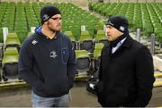 13 December 2014; Leinster's Nicolaas 'Maks' Van Dyk in conversation with Richardt Strauss, right. European Rugby Champions Cup 2014/15, Pool 2, Round 4, Leinster v Harlequins. Aviva Stadium, Lansdowne Road, Dublin. Picture credit: Stephen McCarthy / SPORTSFILE