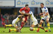 14 December 2014; JJ Hanrahan, Munster, is tackled by Damien Chouly, left, and Sébastien Vahaamahina, ASM Clermont Auvergne. European Rugby Champions Cup 2014/15, Pool 1, Round 4, ASM Clermont Auvergne v Munster, Stade Marcel-Michelin, Clermont, France. Picture credit: Matt Browne / SPORTSFILE