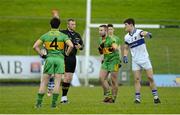 14 December 2014; Pauric Sullivan, Rhode, is shown the red card, after being shown a second yellow card, by referee Anthony Nolan after an incident involving St Vincent's Diarmuid Connolly, right. AIB Leinster GAA Football Senior Club Championship Final, Rhode v St Vincent's, Pairc Táilteann, Navan, Co. Meath. Picture credit: Piaras Ó Mídheach / SPORTSFILE