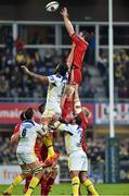 13 December 2014; Peter O'Mahony, Munster, takes the ball in the lineout against Sébastien Vahaamahina, ASM Clermont Auvergne. European Rugby Champions Cup 2014/15, Pool 1, Round 4, ASM Clermont Auvergne v Munster, Stade Marcel-Michelin, Clermont, France. Picture credit: Matt Browne / SPORTSFILE