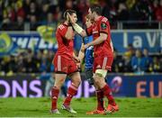 13 December 2014; Ian Keatley is congratulated by Munster captain Peter O'Mahony after he kicked a penalty with the final kick of the game, which secured a losing bonus point against ASM Clermont Auvergne. European Rugby Champions Cup 2014/15, Pool 1, Round 4, ASM Clermont Auvergne v Munster, Stade Marcel-Michelin, Clermont, France. Picture credit: Matt Browne / SPORTSFILE
