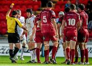 14 December 2014; Declan Fitzpatrick, Ulster, is shown a yellow card by referee JP Doyle. European Rugby Champions Cup 2014/15, Pool 1, Round 4, Scarlets v Ulster, Parc Y Scarlets, Llanelli, Wales. Picture credit: Stephen McCarthy / SPORTSFILE