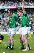 12 August 2007; Limerick players, from left, Donie Ryan, Mike O'Brien and Mark Foley celebrate after their side scored their fifth goal near the end of the game. Guinness All-Ireland Senior Hurling Championship Semi-Final, Limerick v Waterford, Croke Park, Dublin. Picture credit; Brendan Moran / SPORTSFILE