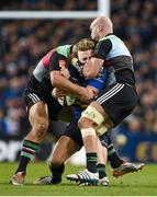 13 December 2014; Ian Madigan, Leinster, is tackled by Nick Easter, left, and George Robson, Harlequins. European Rugby Champions Cup 2014/15, Pool 2, Round 4, Leinster v Harlequins. Aviva Stadium, Lansdowne Road, Dublin. Picture credit: Brendan Moran / SPORTSFILE