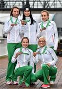 15 December 2014; Team Ireland athletes, who won team bronze medals in the Senior Women's event, clockwise, from left, Siobhan O'Doherty, Laura Crowe, Michelle Finn, Ann Marie McGlynn and Fionnuala Britton in Dublin Airport on their return home from the Spar European Cross Country Championships in Bulgaria. Terminal 1, Dublin Airport, Dublin. Picture credit: Brendan Moran / SPORTSFILE