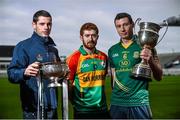 15 December 2014; Meath footballer Donal Keogan, left, with Meath Hurler James Toher, right, and Carlow hurler Daryl Roberts at the launch of the 2015 Bord na Mona Leinster GAA O’Byrne, Walsh and Kehoe Cup Competitions. Croke Park, Dublin. Picture credit: David Maher / SPORTSFILE