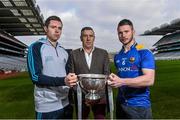 15 December 2014; Dublin's Dean Rock with Longford manager Jack Sheedy, centre, and Michael Quinn, right, Longford, at the launch of the 2015 Bord na Mona Leinster GAA O’Byrne, Walsh and Kehoe Cup Competitions. Croke Park, Dublin. Picture credit: David Maher / SPORTSFILE
