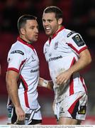 14 December 2014; Ulster's Darren Cave, right, is congratulated by team-mate Ian Humphreys, left, after scoring his side's try. European Rugby Champions Cup 2014/15, Pool 1, Round 4, Scarlets v Ulster. Parc Y Scarlets, Llanelli, Wales. Picture credit: Stephen McCarthy / SPORTSFILE
