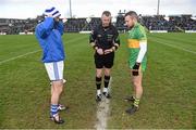 14 December 2014; Match referee Anthony Nolan tosses the coin between Ger Brennan, St Vincent's, left, and Pauric Sullivan, Rhode, right. AIB Leinster GAA Football Senior Club Championship Final, Rhode v St Vincent's, Pairc Táilteann, Navan, Co. Meath. Picture credit: Pat Murphy / SPORTSFILE