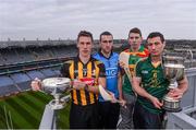 15 December 2014; Pictured at the launch of the 2015 Bord na Mona Leinster GAA O’Byrne, Walsh, Kehoe Cup Competitions were, from left to right, Cillian Buckley, Kilkenny, Peter Kelly, Dublin, Eddie Byrne, Carlow, and James Toher, Meath. Croke Park, Dublin. Picture credit: David Maher / SPORTSFILE