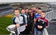 15 December 2014; Pictured at the launch of the 2015 Bord na Mona Leinster GAA O’Byrne, Walsh and Kehoe Cup Competitions were left to right, Dean Rock, Dublin, Eoghan O'Flaherty, Kildare, Donal Keogan, Meath, Daryl Roberts, Carlow, Denis Glennon, Westmeath, Luke Kelly, Offaly, Michael Quinn, Longford and James Gonoud, Westmeath.Croke Park, Dublin. Picture credit: David Maher / SPORTSFILE