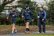 15 December 2014; Leinster head coach Matt O'Connor, right, with Noel Reid, left, and Luke Fitzgerald, centre, on their arrival for squad training ahead of Friday's Guinness PRO12, Round 10, against Connacht. Leinster Rugby Squad Training, UCD, Belfield, Dublin. Picture credit: Pat Murphy / SPORTSFILE