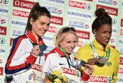 14 December 2014; Medallists from the women's race, first placed Great Britain's Gemma Steel, centre, second placed Great Britain's Kate Avery, left, and third placed Meraf Bahta, Sweden. Spar European Cross Country Championships, Samokov, Bulgaria. Picture credit: Ramsey Cardy / SPORTSFILE