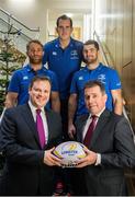 17 December 2014; In attendance at Leinster Rugby Campus, UCD, are John White, front left, Managing Partner of Beauchamps Solicitors, and Michael Dawson, CEO of Leinster Rugby, with Leinster Rugby players, back from left, Luke Fitzgerald, Devin Toner, and Rob Kearney, at the announcement of Beauchamps Solicitors as Official Legal Partner of Leinster Rugby. Beauchamps Solicitors has been the official sponsor of the Leinster Rugby Schools Cup since 2013 and will also remain involved in the schools leagues throughout 2015. Leinster Training Pitches, UCD, Dublin. Picture credit: Brendan Moran / SPORTSFILE
