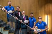 17 December 2014; In attendance at Leinster Rugby Campus, UCD, are John White, centre, Managing Partner of Beauchamps Solicitors, and Michael Dawson, 2nd from left, CEO of Leinster Rugby, with Leinster Rugby players, from left, Luke Fitzgerald, Rob Kearney, and Devin Toner, at the announcement of Beauchamps Solicitors as Official Legal Partner of Leinster Rugby. Beauchamps Solicitors has been the official sponsor of the Leinster Rugby Schools Cup since 2013 and will also remain involved in the schools leagues throughout 2015. Leinster Training Pitches, UCD, Dublin. Picture credit: Brendan Moran / SPORTSFILE