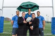 17 December 2014; In attendance at Leinster Rugby Campus, UCD, are John White, 2nd from left, Managing Partner of Beauchamps Solicitors, and Michael Dawson, 4th from left, CEO of Leinster Rugby, with Leinster Rugby players, from left, Luke Fitzgerald, Devin Toner, and Rob Kearney, at the announcement of Beauchamps Solicitors as Official Legal Partner of Leinster Rugby. Beauchamps Solicitors has been the official sponsor of the Leinster Rugby Schools Cup since 2013 and will also remain involved in the schools leagues throughout 2015. Leinster Training Pitches, UCD, Dublin. Picture credit: Brendan Moran / SPORTSFILE