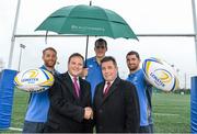 17 December 2014; In attendance at Leinster Rugby Campus, UCD, are John White, 2nd from left, Managing Partner of Beauchamps Solicitors, and Michael Dawson, 4th from left, CEO of Leinster Rugby, with Leinster Rugby players, from left, Luke Fitzgerald, Devin Toner, and Rob Kearney, at the announcement of Beauchamps Solicitors as Official Legal Partner of Leinster Rugby. Beauchamps Solicitors has been the official sponsor of the Leinster Rugby Schools Cup since 2013 and will also remain involved in the schools leagues throughout 2015. Leinster Training Pitches, UCD, Dublin. Picture credit: Brendan Moran / SPORTSFILE