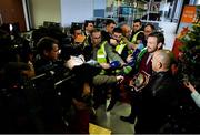 17 December 2014; WBO Middleweight Champion Andy Lee speaks to reporters on his return from the USA after defeating Russian Matt Korborov. Shannon Airport, Co Clare. Picture credit: Diarmuid Greene / SPORTSFILE