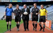 17 December 2014; At Páirc an Chrócaigh, Uachtarán Chumann Lúthchleas Gael Liam Ó Néill launched a new recruitment campaign aimed at bolstering the number of volunteers involved in refereeing at all levels of the Association. The &quot;Think You Can Do Better?&quot; campaign will involve Inter County Referees assisting as Recruitment Ambassadors in their own counties. The aim of the campaign is to increase the numbers of referees officiating at club games throughout the country and consequently pushing onto provincial and national level over the next few years. In attendance at the launch are, from left, Inter County Referees Joe McQuillan, Football, James Owens, Hurling, Alan Kelly, Hurling, and Rory Hickey, Football, with Liam Ó Néill, Uachtarán Chumann Lúthchleas Gael. Croke Park, Dublin. Picture credit: Brendan Moran / SPORTSFILE