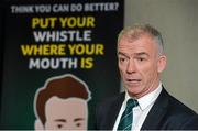 17 December 2014; At Páirc an Chrócaigh, Uachtarán Chumann Lúthchleas Gael Liam Ó Néill launched a new recruitment campaign aimed at bolstering the number of volunteers involved in refereeing at all levels of the Association. The &quot;Think You Can Do Better?&quot; campaign will involve Inter County Referees assisting as Recruitment Ambassadors in their own counties. The aim of the campaign is to increase the numbers of referees officiating at club games throughout the country and consequently pushing onto provincial and national level over the next few years. Speaking at the launch is Pat McEnaney, Chairman of Coiste na Reiteoirí. Croke Park, Dublin. Picture credit: Brendan Moran / SPORTSFILE
