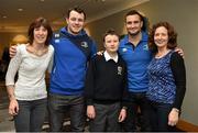 17 December 2014; Leinster Rugby players Dave Kearney, Cian Healy and Jack Conan surprised 30 children from three wonderful charities at a Christmas party at the Conrad Dublin Hotel today.  Conrad Dublin, official hotel to Leinster Rugby, arranged for youngsters from LauraLynn, Heart Children Ireland and Blackrock Flyers Special Olympics Club to meet their sporting heroes, with Santa Claus flying in for the party with gifts for everyone. Pictured are Leinster's Cian Healy and Dave Kearney with Margret Rogers CEO of Heart Children Ireland, James Mohan aged 13 from Cabra Dublin, and Brenda Mohan, Volunteer Director of Heart Children Ireland. Conrad Dublin Hotel, Earlsfort Terrace, Dublin. Picture credit: Barry Cregg / SPORTSFILE
