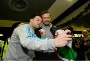 17 December 2014; WBO Middleweight Champion Andy Lee takes a selfie with Niall Breen from Shannon on his return from the USA after defeating Russian Matt Korborov. Shannon Airport, Co Clare. Picture credit: Diarmuid Greene / SPORTSFILE