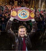 17 December 2014; WBO Middleweight Champion Andy Lee takes is introduced to the crowd in Limerick on his return from the USA after defeating Russian Matt Korborov. Limerick City Hall, Merchant's Quay, Limerick. Picture credit: Diarmuid Greene / SPORTSFILE