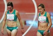 12 August 2007; Orla Drumm, from Ballyclough, Limerick, representing UCC and Ireland, right, with Deirdre Byrne, from Avoca, Co. Wicklow, representing California Polytechnic State University and Ireland, after the Women's 1500m Final. Ireland were represented in the final by Deirdre Byrne, who finished 8th with a time of 4:16.58, and Orla Drumm, who finished 10th with a time of 4:22.78. World University Games 2007, Women's 1500m Final, Main Stadium, Thammasat University, Bangkok, Thailand. Picture credit: Brian Lawless / SPORTSFILE