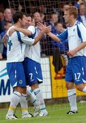 18 August 2007; Linfield's Thomas Stewart, left, celebrates his goal with teammates Damien Curran, centre, and Peter Thompson. CIS Insurance Cup, Group A, Dungannon Swifts v Linfield, Stangmore Park, Dungannon, Co. Tyrone. Picture credit: Michael Cullen / SPORTSFILE