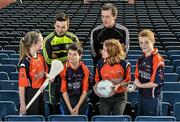 18 December 2014; The GPA Madden Leadership Programme will develop a group of county players from hurling, football and camogie with the necessary skills, motivation and experience to become successful leaders in the community. The Programme, which will run initially for three years, is a bespoke, one-year blended learning Leadership Course which will be delivered by the Gaelic Players Association in conjunction with independent leadership experts. Pictured at the launch of GPA Madden Leadership Programme are Scoil Neasáin Harmonstown pupils, from left, Ellen Potts, age 11, Niall O Cairbre, age 11, Rachel Nic Aonghusa, age 12, and Cúán O Maoileoin, age 12, with Kerry footballer Paul Murphy, left, and Mayo footballer Cillian O'Connor, right. Croke Park, Dublin. Picture credit: Ramsey Cardy / SPORTSFILE