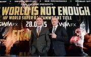 18 December 2014; Boxer Carl Frampton and his manager Barry McGuigan during a press conference ahead of his mandatory IBF World title defence against Chris Avalos. Europa Hotel, Belfast, Co. Antrim. Picture credit: Oliver McVeigh / SPORTSFILE