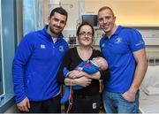18 December 2014; Leinster's Rob Kearney and Darragh Fanning with 1 month old Tom O'Boyle and his mother Annette, Castlebarr, Co. Mayo, during a visit to Temple Street Children's Hospital. Members of the Leinster Rugby Team visited the patients in Temple Street this afternoon to spread some Christmas cheer. Temple Street Children's Hospital, Dublin. Picture credit: Matt Browne / SPORTSFILE