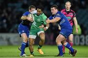 19 December 2014; Bundee Aki, Connacht, is tackled by Sean Cronin, left, and Jack McGrath, Leinster. Guinness PRO12, Round 10, Leinster v Connacht. RDS, Ballsbridge, Dublin. Picture credit: Ramsey Cardy / SPORTSFILE