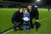 19 December 2014; Leinster matchday mascot Eabha McWilliams with Mike McCarthy, left, and Fergus McFadden, right, ahead of the Guinness PRO12 clash between Leinster and Connacht at the RDS, Ballsbridge, Dublin. Picture credit: Stephen McCarthy / SPORTSFILE