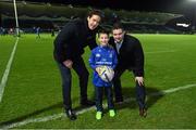 19 December 2014; Leinster matchday mascot Sam Grennell meets Mike McCarthy, left, and Fergus McFadden, right, ahead of the Guinness PRO12 clash between Leinster and Connacht at the RDS, Ballsbridge, Dublin. Picture credit: Stephen McCarthy / SPORTSFILE