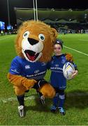 19 December 2014; Leinster matchday mascot Eabha McWilliams meets Leo The Lion ahead of the Guinness PRO12 clash between Leinster and Connacht at the RDS, Ballsbridge, Dublin. Picture credit: Stephen McCarthy / SPORTSFILE