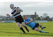 20 December 2014; Harry Moore, Terenure, gets past Tom Fletcher, UCD, to score his sides first try. Ulster Bank League Division 1A, Terenure v UCD. Lakelands Park, Terenure, Dublin. Picture credit: Piaras Ó Mídheach / SPORTSFILE