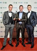 21 December 2014; Kerry footballers Fionn Fitzgerald, left, Kieran O'Leary and James O'Donoghue, right, whose team was nominated for the Sport Team of the Year award, at the RTÉ Sports Awards 2014. RTÉ Studios, Donnybrook, Dublin. Picture credit: David Maher / SPORTSFILE
